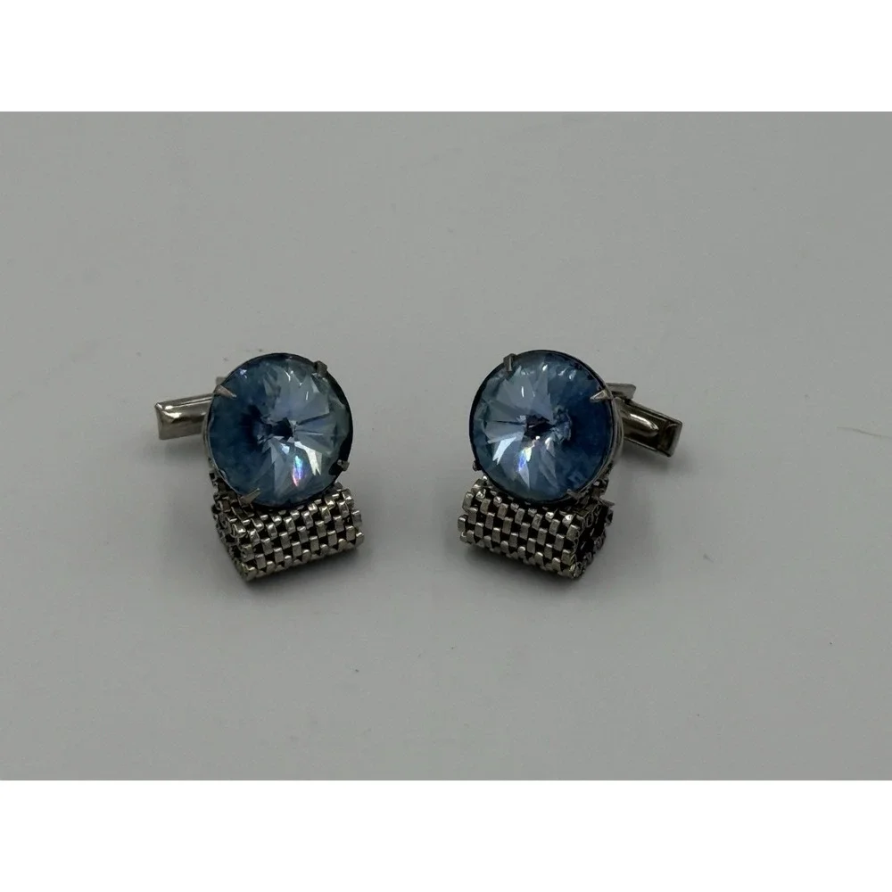 Vintage Silver-Tone Mesh Wrap Cufflinks Blue Rhinestone Round Center Mid-Century